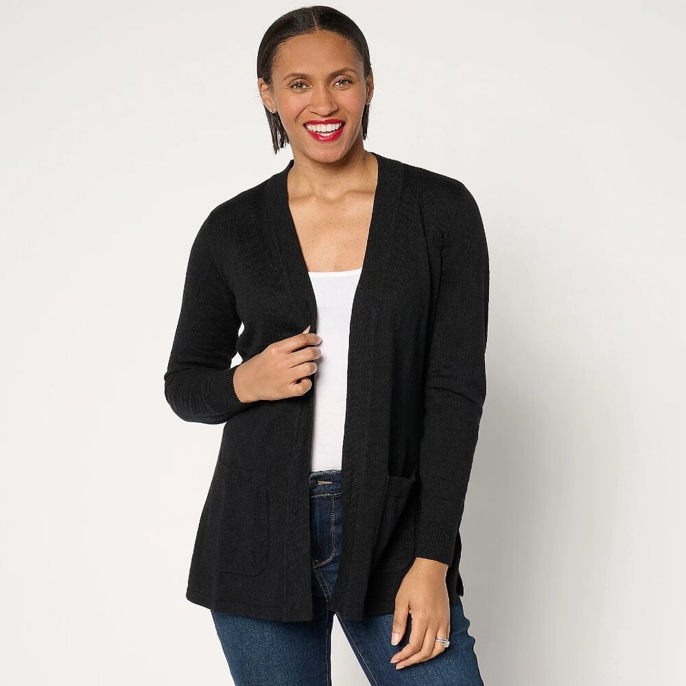 Denim & Co. Beach Regular Open Front Tunic Cardigan - Black Sz L a682229